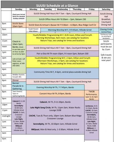 2023 schedule at a glance= a visual display of key events and times across the week. Key times are listed above, and detailed events are listed in 2023 catalog by day